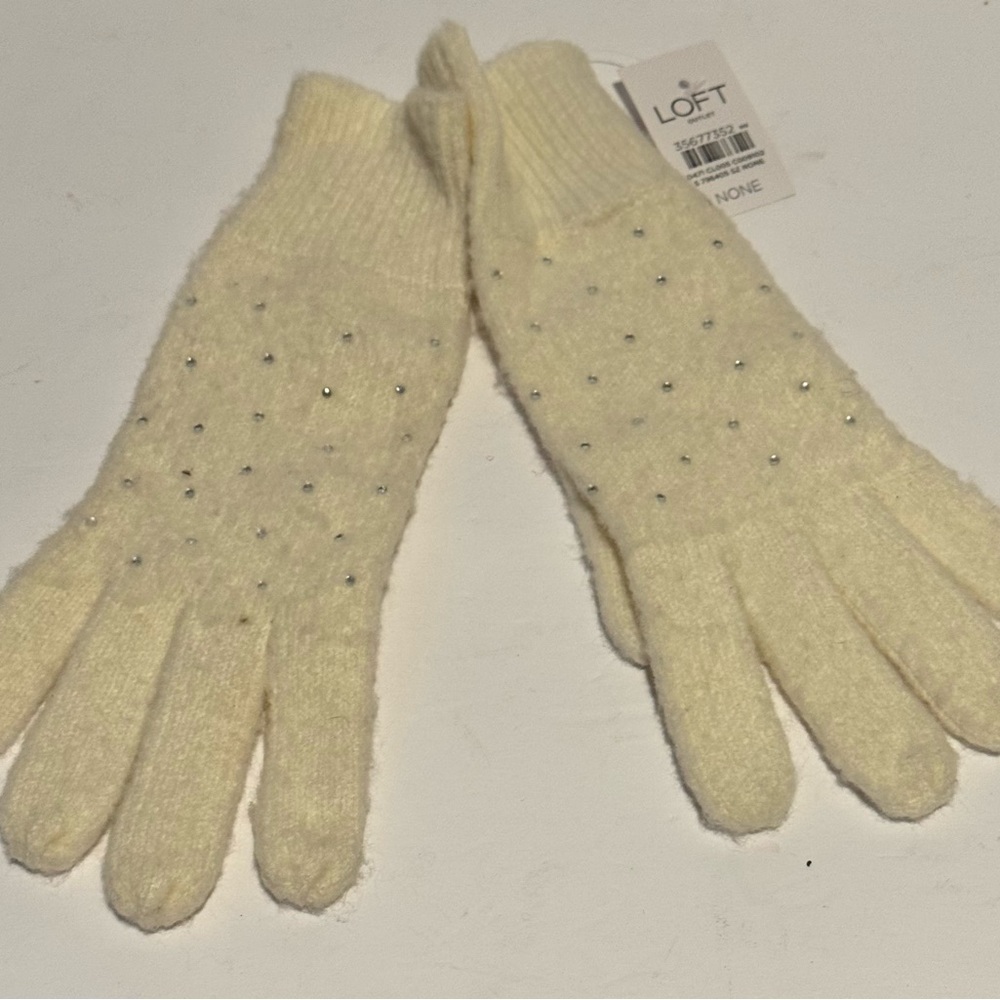 LOFT Women's Gloves Cream Embellished Sparkle NEW WITH TAGS 10” Long 3.5” Wide